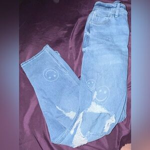 Blue Distressed Jeans with Smiley Faces